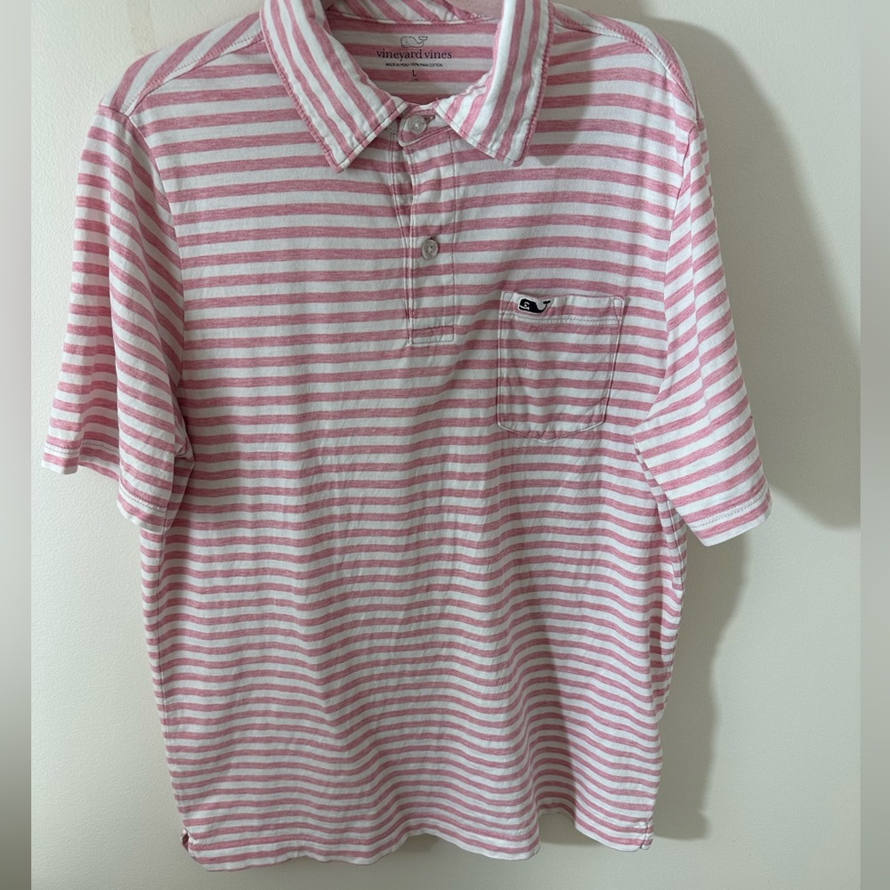 Vineyard vines, youth boys striped pink white polo shirt, Pima cotton size L 16